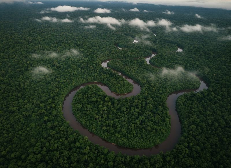 Aerial view of a winding river through the Amazon rainforest canopy