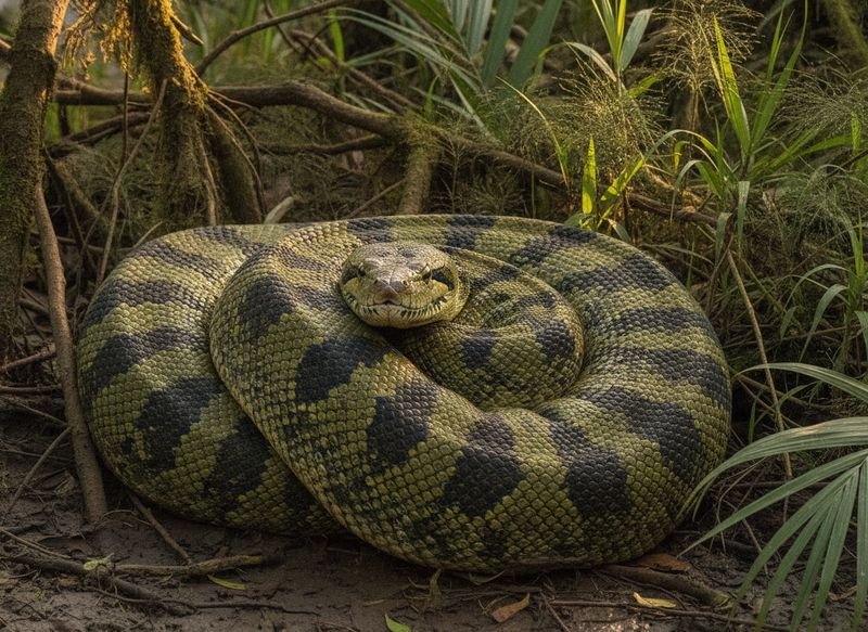 A giant green anaconda coiled on a muddy riverbank in the Amazon