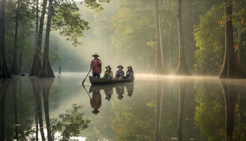 Travelers in a dugout canoe with a local guide gliding through a misty flooded forest at dawn