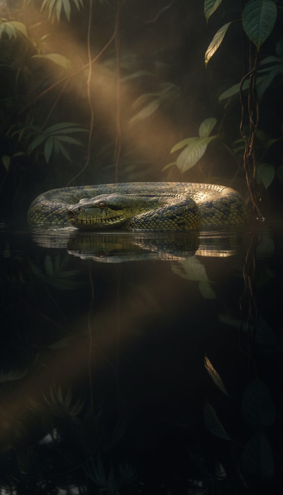 Green anaconda surfacing in a lagoon at sunrise