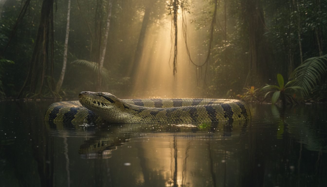 A wild green anaconda surfacing in a misty Amazon lagoon at sunrise