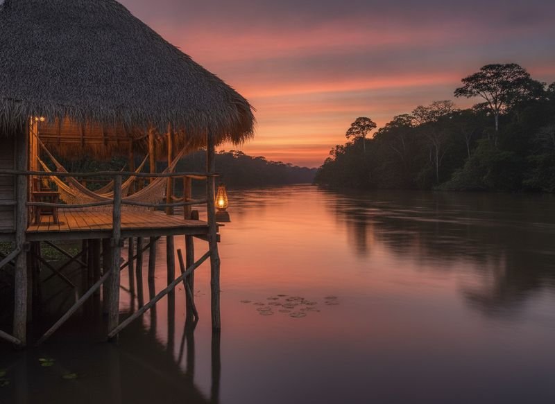 A wooden riverside eco-lodge with hammocks at sunset in the Ecuadorian Amazon